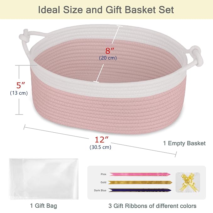 Small Empty Gift Basket with Bag & Ribbons, White & Dusty Pink | 12“x8”x5”, Cotton Rope Woven Basket for Birthdays, Baby Showers, Mother's Day, Christmas; Stores Small Items, Kids & Pet Toys