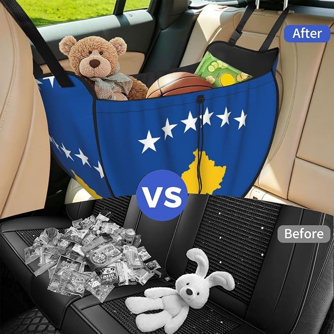 Flag of Kosovo Car Seat Organizer-Backseat Storage Bag for Travel | Waterproof Durable. Holds Snacks Gear Essentials. Fits Most Cars.