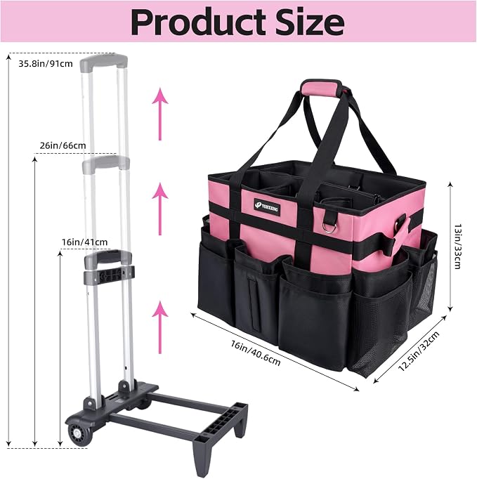 Large Rolling Cleaning Caddy Bag with Wheels, with Detachable Trolley, Cleaning Bags on Wheels for Housekeepers, Cleaning Cart Supplies Organizer for Home, Car, Picnic (Pink)