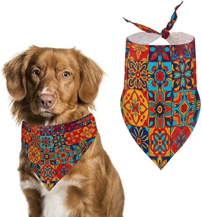 Lightweight Washable Pets Casual Fashion Scarf, Adjustable Comfy Traditional Ceramic Tiles Pattern Handkerchief for Wedding, Party, Daily Use