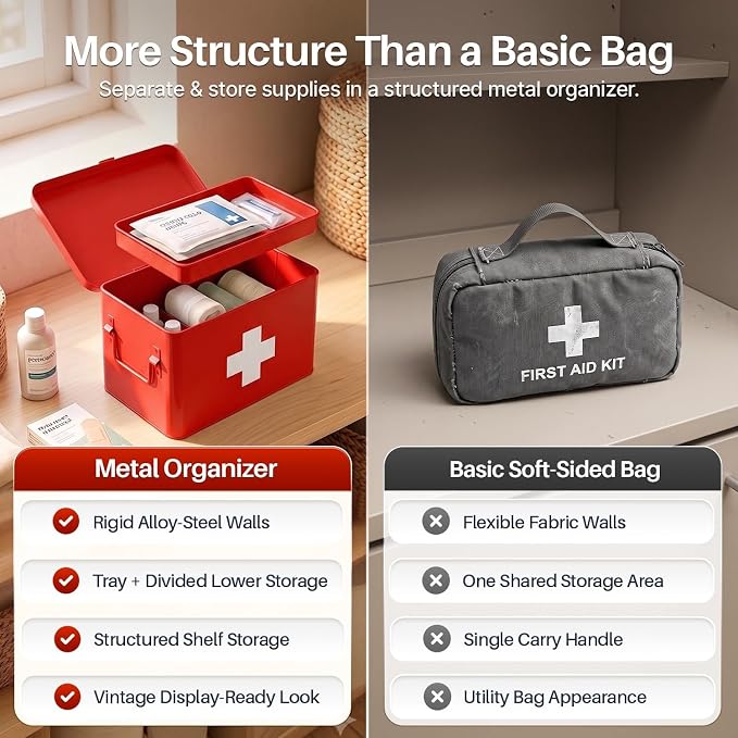 Flexzion Large Metal First Aid Box Empty, 8.5-Inch, Red with White Cross | Vintage Medicine Box and First Aid Storage Organizer with Removable Tray and Dividers; Empty Box Only, Supplies Not Included