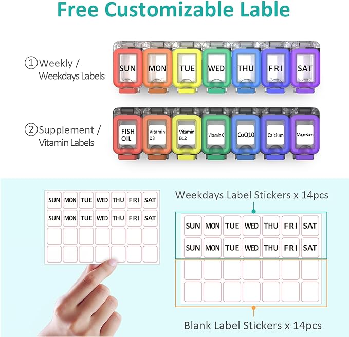 Fullicon Moisture Proof Pill Organizer 7 Day, Pill Box, Rainbow Black | Each Compartment Holds Up to 40 Small or 15 Large Capsules, 10 Tablets, or 9 Fish Oils, Spill Proof, Color Coded, BPA Free