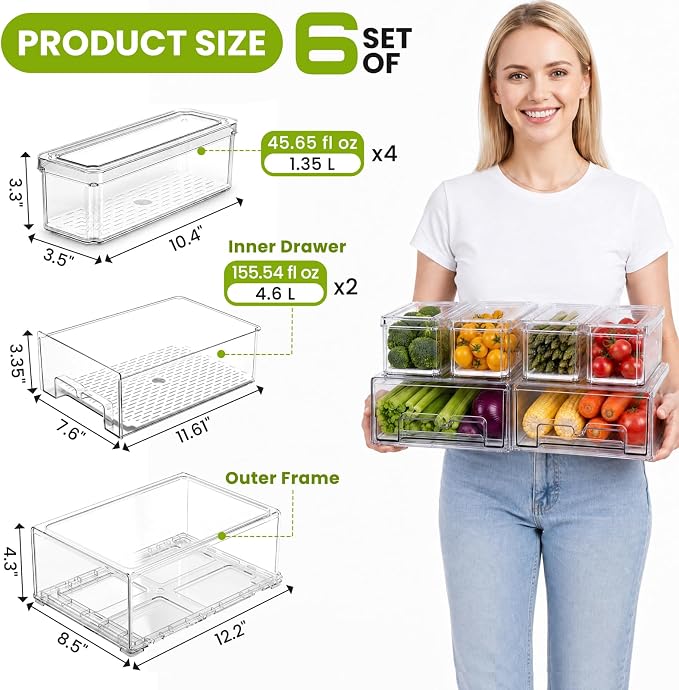 6Pack Fridge Organizers and Storage with Drain Trays,BPA-Free PET,Stackable | 2 Pull-Out Organizers & 4 Containers with Drain Trays For Fruit, Vegetable, Drink, Snack Food Storage