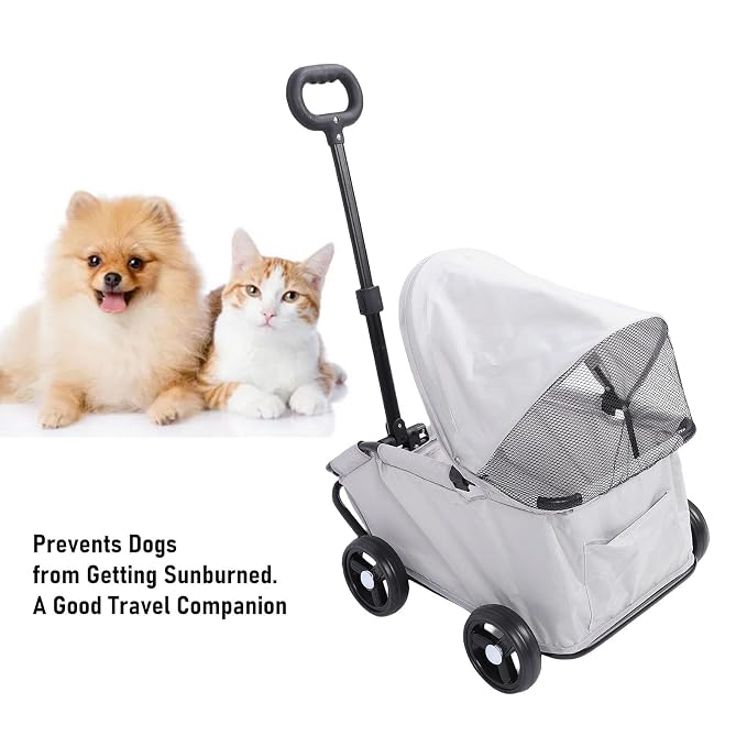 banapoy Foldable Pet Stroller with Canopy, 4 Wheels Pet Strolling Cart for Small Dogs Cats, Lightweight Easy Assembly, 1 Hand Fold, Outdoor Use (Gray)
