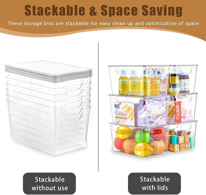 Freebat 6 Pack Clear Storage Bins with Lids, 7 Quart Pantry Organizer Bins | Large, Stackable Plastic Storage Containers, Pantry Organization for Office, Bedroom, Cabinet, Fridge,Kitchen Organization