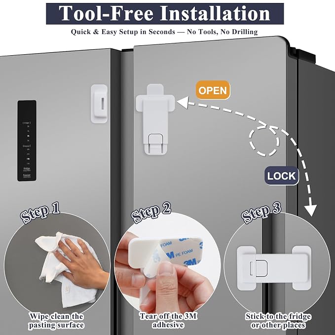French Fridge Locks for Kids, 1 Pack Baby Safety Refrigerator Lock, Pet/Child Proof Freezer Latch, Cabinet Cupboard Lock with 3M Adhesive, Tool-Free, Drill-Free Install (Pearl White)