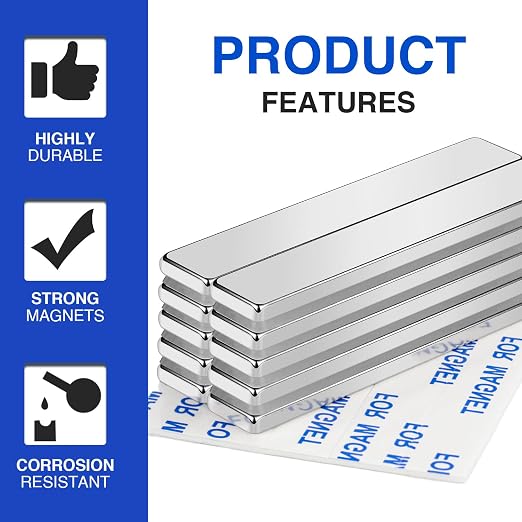 10Pcs Neodymium Magnets with Adhesive Backing 60x10x3mm Silver | Fridge Magnetic Strips Refrigerator Blocks Crafts Extra Super Sticky Bar for Science Experiments Classroom Craft Office