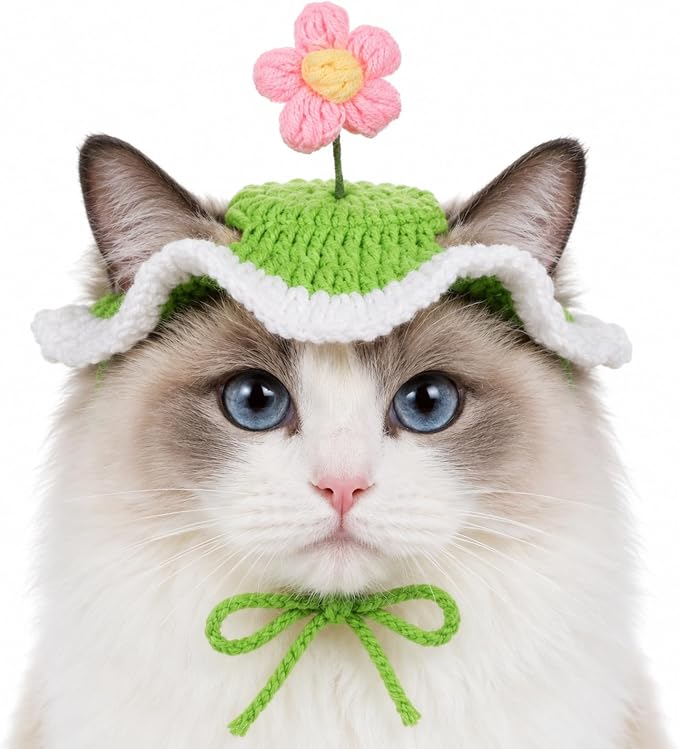 Flower Cat Hat, Green Cotton & Soft Cute Knitted Hats for Cats | Halloween Christmas Holiday Party Clothes Birthday Party Puppy Hat for Small Pets, Holiday & Photo Outfit