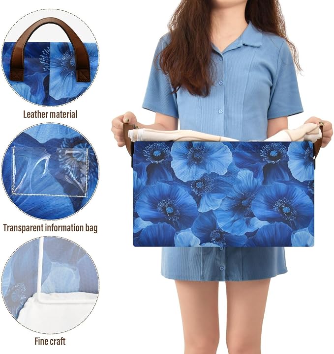 Cobalt Blue Poppy Flower Deep Blue Storage Bins for Shelves with Labels&Handles Fabric Organizer Bin Foldable Rectangle Storage Basket Boxes for Closet, Bathroom, Home, Living Room