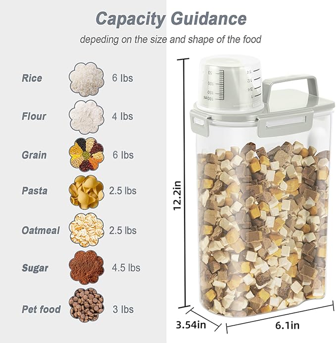 LEAWALK Airtight Rice Storage Container, 3.28Qt Cereal Dry Food Flour and Sugar Bin, Dog Cat Food Dispenser with Measuring Cup, BPA Free Clear Plastic Kitchen and Pantry Organization Bin-White 2Pack