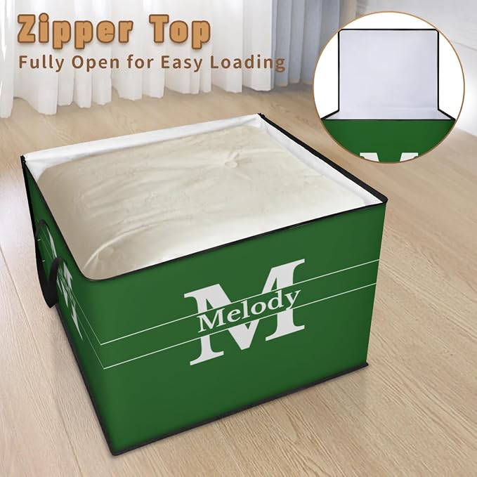 Personalized Storage Bags with Lid Large Blanket Clothes Organization and Storage Containers for Comforters,Bedding, Foldable Organizer with Reinforced Handle, Forest Green with Initial Letter