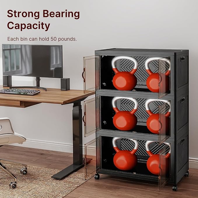 Stackable Storage Bins with Lids, 360QT Lockable Storage Cabinet | Folding Storage Box with Doors and Wheels, Collapsible Plastic Drawers for Home, Garage, Office