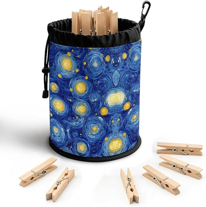 Moon Star Clothespin Bag with Drawstring Closure, Laundry Peg Organizer Pouch with Multi-Hanging Loop, Portable Storage for Clips, Perfect for Drying Rack, Camping, Home