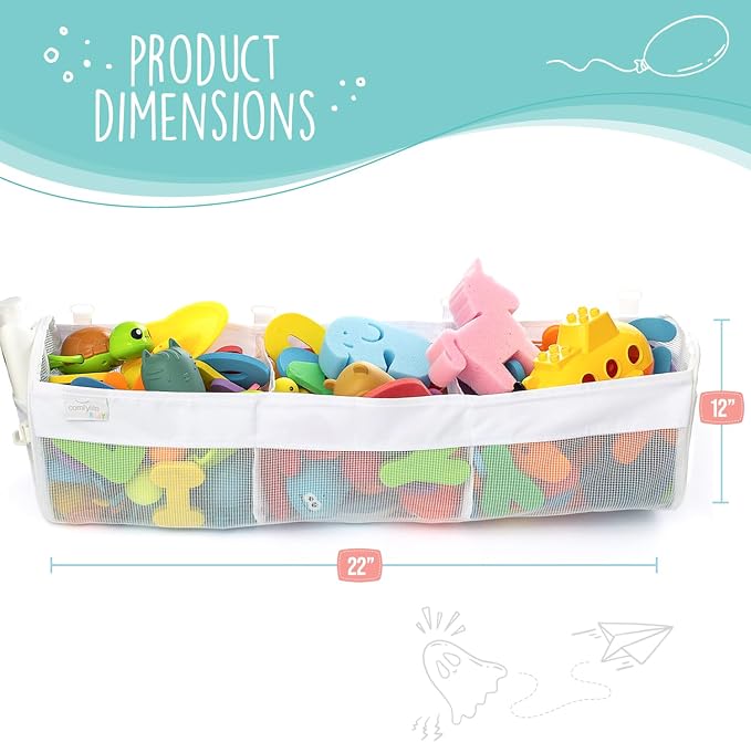 Large Bath Toy Organizer – 3 Compartment Bath Toy Holder for Bathtub & Shower – Quick-Dry Mesh with 4 Strong Adhesive Hooks – Kids Toys Storage Net for Bathroom, shower & Tub