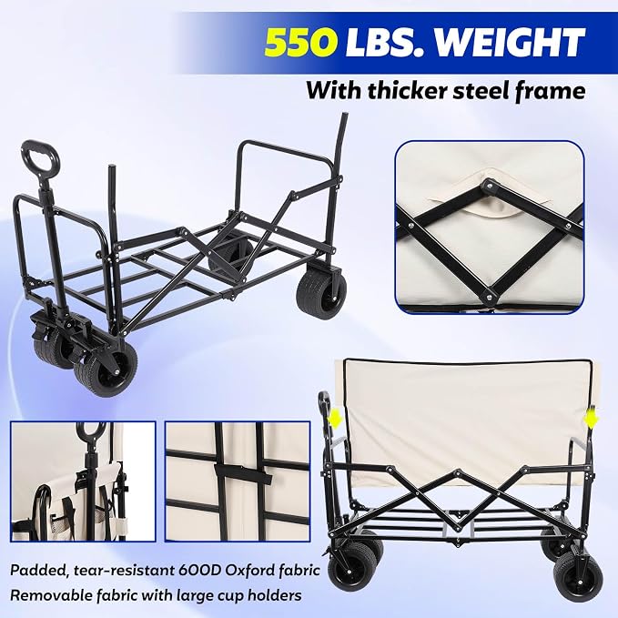 Portable Collapsible Folding Wagon, 550LBS Heavy Duty Utility Carts | Reclining Camper, Expandable Storage, Padded and Wheeled, All Terrain Wheels, Great for Camping, Outdoors, Shopping (White)