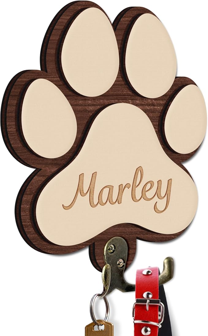 Personalized Dog Leash Holder, Custom Dog Paw Harness Wall Hanger Organizer with Name, Decorative Hooks for Leashes, Keys, Collars, Leash Rack Wall Mount for Entryway, Hallway, Gift for Pet Lovers