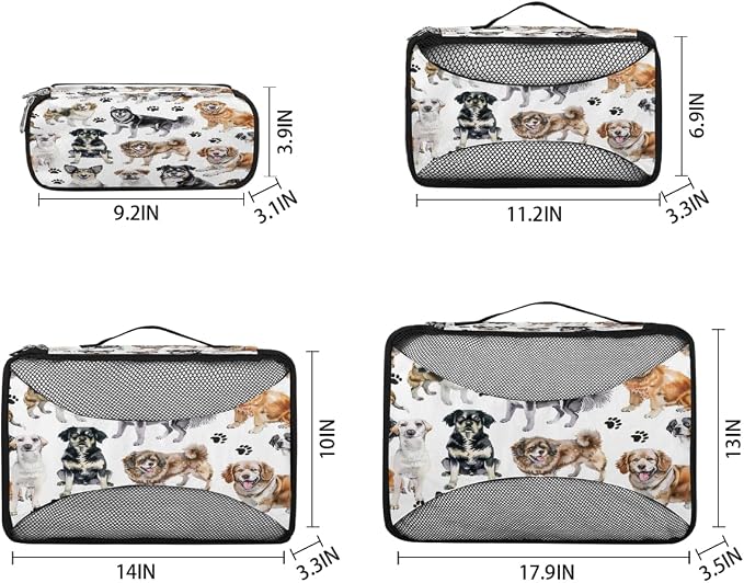 OSAM SPACE Dog Breed Cute 4 Set Packing Cubes for Travel Lightweight Suitcase Cube Storage Organizer Luggage Space Saver Packing Bags for Vacation Business Camping