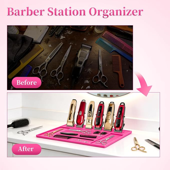Magnetic Barber Mat for Clippers, Station Organizer with 6 Magnets | Silicone Material, Anti-Slip Surface, Heat-Resistant, Waterproof, Easy Clean, Tool Slots Design, For Barbershop & Salon, Rose