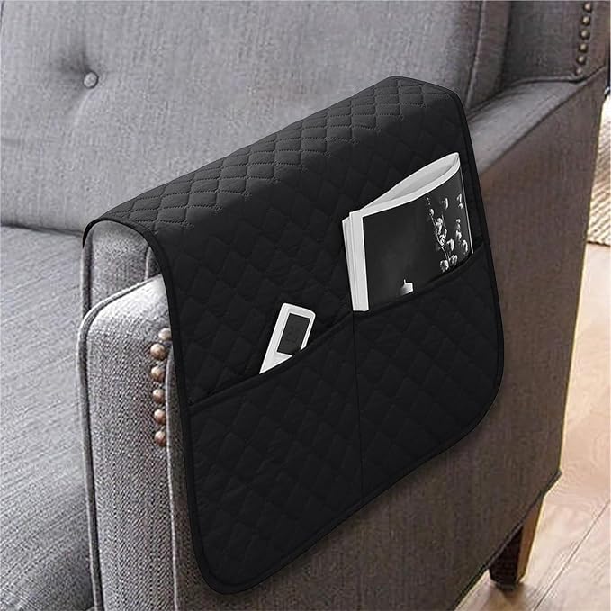 Armrest Covers Arm for Chairs Couch Sofa Armchair Slipcovers Recliner Organizer Non-Slip Chair Bedside Storage Caddy Holder 2 Pockets Magazines Waterproof(Black)