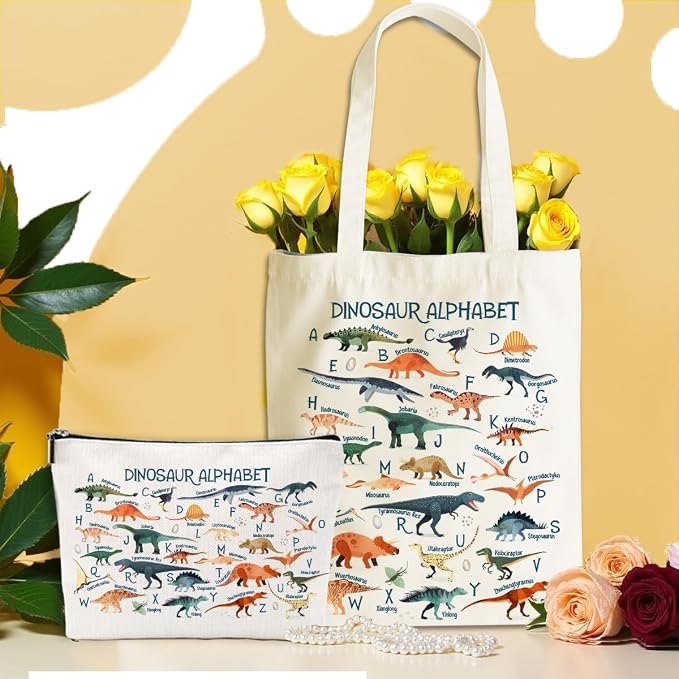 Cute Dinosaur Gifts Dinosaur Lovers Gift for Women Daughter Sister Girls Animals Lovers Birthday Christmas Canvas Tote Bag Makeup Bag Reusable Grocery Bags with Inner Pocket for Beach Shopping