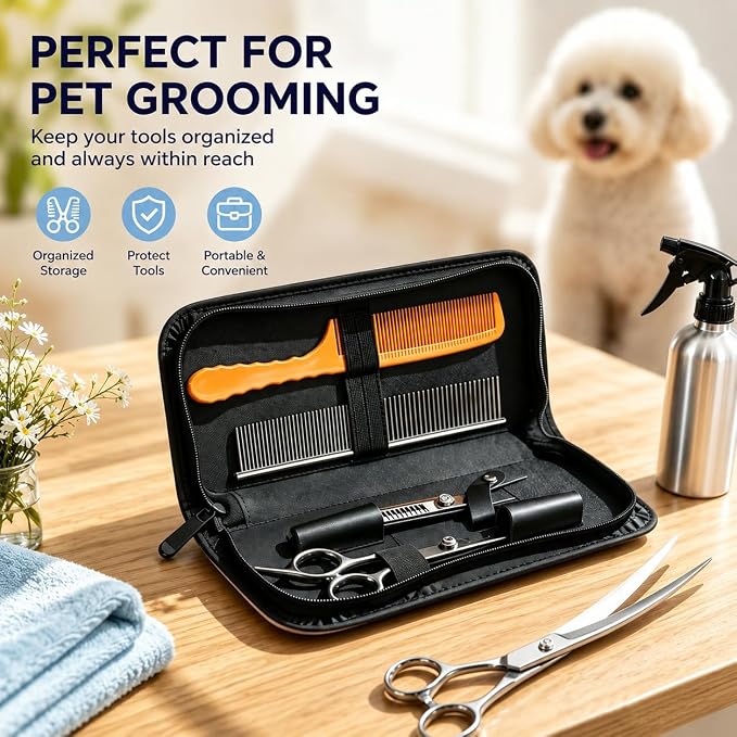 Pet Grooming Scissors Case, Dog Grooming Tool Organizer with Elastic Straps, Portable Storage Holder for Grooming Shears, Combs & Accessories, Case Only (V-010-SC-Black)