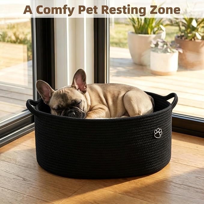 Optish 40L Extra Large Dog Toy Basket, 20" x 14" x 9" XL Toy Storage Box and Bin with Handles, Woven Cotton Rope Foldable Basket for Blankets, Living Room, Bedroom, Home Decor, Black