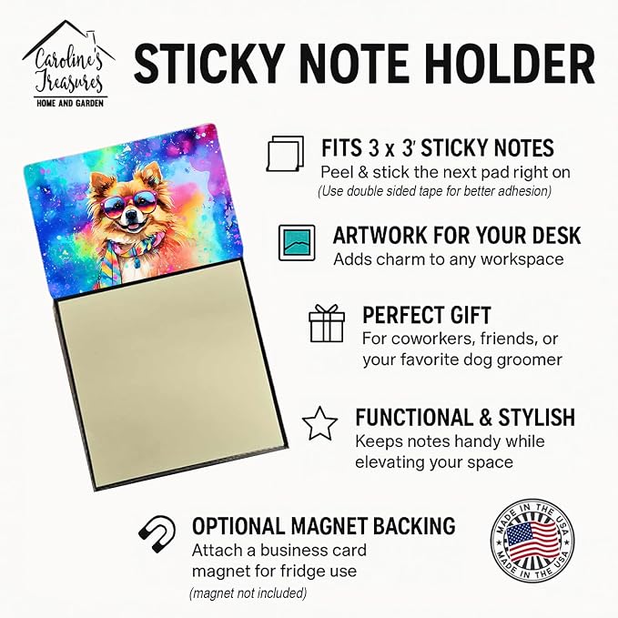 Caroline's Treasures Pomeranian Hippie Dawg Sticky Note Holder Refillable Dispenser Self-Sticky Note Pads, Memo Pads Blank Desk Accessories
