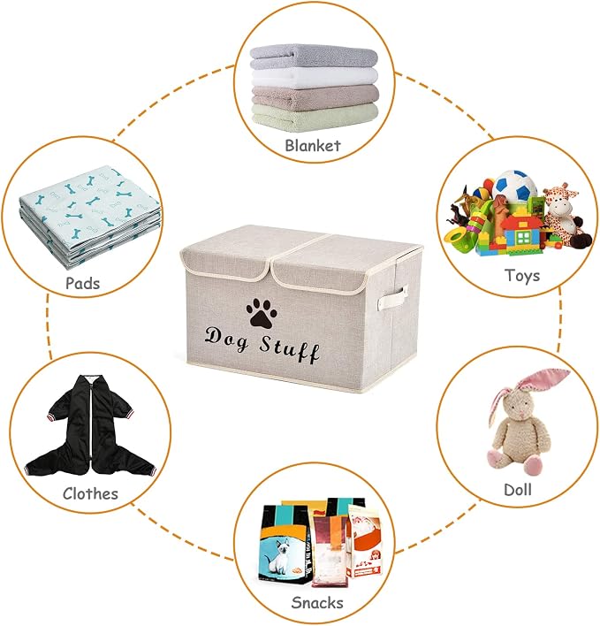 Large Storage Boxes - Large Linen Fabric Foldable Storage Cubes Bin Box Containers with Lid and Handles for Dog Apparel & Accessories, Dog Clothing(Beige)