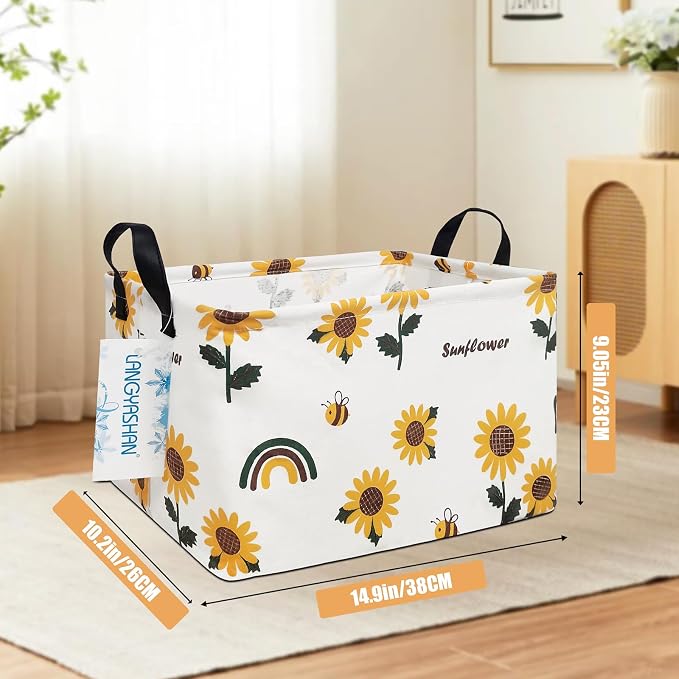 Rectangular Collapsible Sunflower Storage Basket Nursery Organizer | Storage Bin Foldable Canvas with Handles for Organizing Home Kitchen Children Toys Office Closet Shelf Baskets