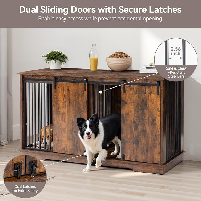 Dog Crate Furniture for 2 Dogs, 60.6 inch Extra Large Wooden Dog Kennel Furniture with Removable Divider and Double Sliding Doors, TV Stand, Side Table, Brown