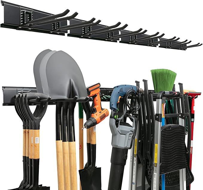 TIDYME Garage Tool Organizer Wall Mount, 64", 4 Racks 8 Hooks, 400 lbs | 400 lbs, anti-rust carbon steel, garden tool organizer & storage rack for garage organization, shovels, rakes & tools