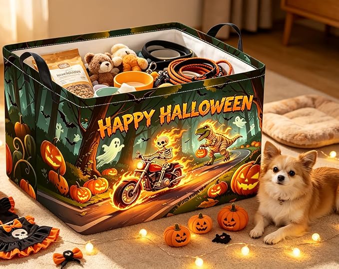Rectangle Storage Basket with Handles,Collapsible Storage Bin,Gift Basket(Fire Halloween)
