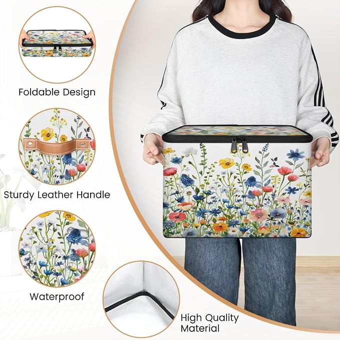 Pardick Storage Bin Spring Floral Storage Baskets with Zipper Lid & Handle Foldable Closet Shelf Cloth Organizer Basket Cube Bins Clothes Organizer for Nursery, Bedroom
