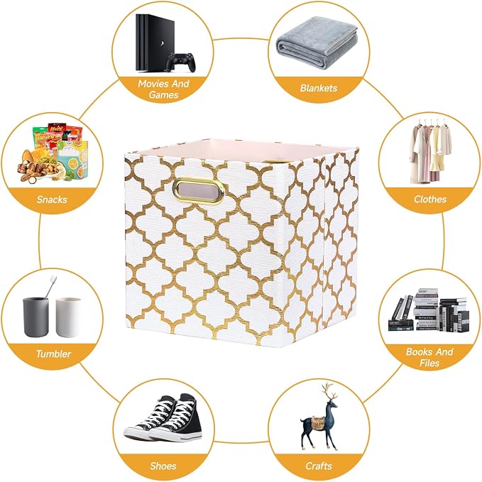 Posprica 11x11x11 Storage Cube Bins, Collapsible Storage Bins Fabric Storage Cubes Organizer Baskets Box Drawers for Shelves, Closet, Wardrobe, Bookshelf, Cabinet, Cream/Gold Lantern, 4 Pack