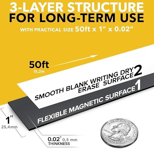 X-bet MAGNET Dry Erase Magnetic Strips, Write-On, 1in x 50ft (2.5cm x 15m) | Blank & Writable Flexible Magnet Roll, Sticky Labels & Stickers for Whiteboards, Refrigerator and Crafts, Marker Included