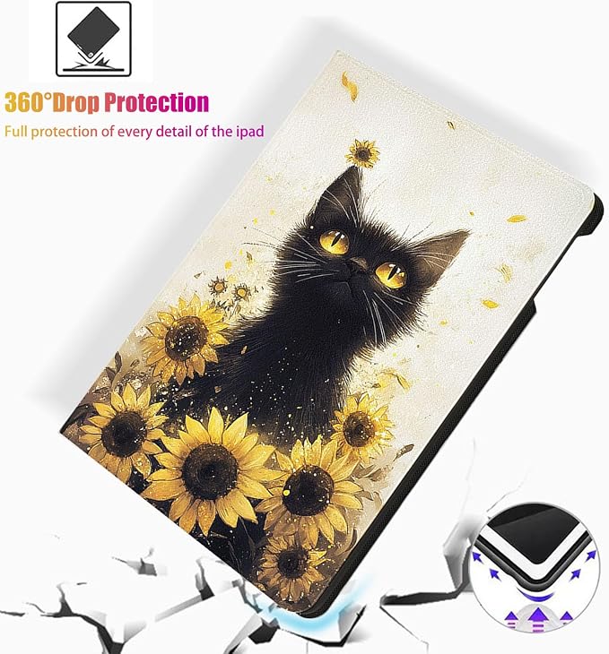 for Microsoft Surface Pro 11/10/9-13" 2024/2022 Tablet Case,Auto Wake/Sleep,Adjustable Stand Protective Cover - Black Cat Sunflower