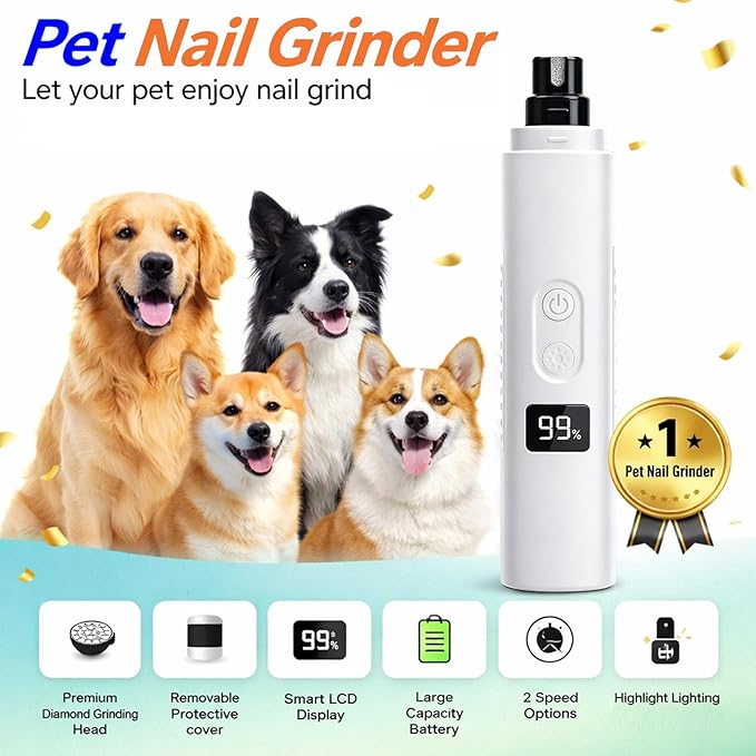 Ultra Quiet Dog Nail Grinder with LED Light, Cats & Dog Nail Trimmers, Anti-slip Dog Nail Clippers, High Speed Grinder for Cats, Small Medium Large Dogs, 3-Speed Adjustable, Replacement Grinding Heads