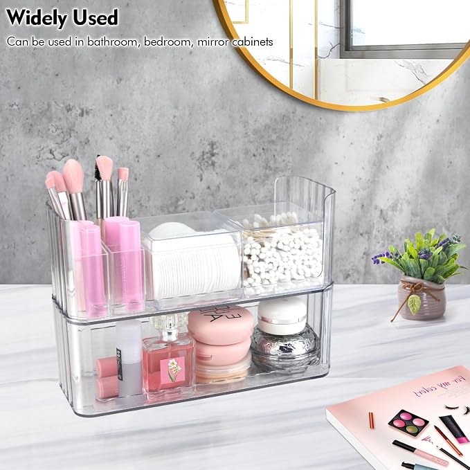 2 Pack Stackable Makeup Organizer Tray, Transparent Cosmetic Display Case with 2 Lipstick Cases and 2 Cotton Swab Pad Boxes, Medicine Cabinet Shelves Organizer