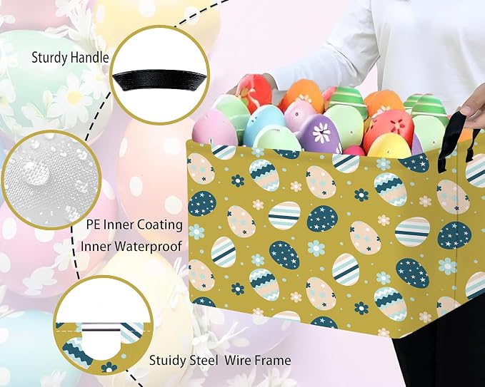 Large Rectangular Easter Baskets Empty Waterproof Boy Toy Box Foldable Kid's Gifts Storage Bin Spring Room Decor(Retro Floral Egg)