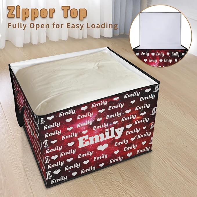 Personalized Name Large Storage Basket with Lid, Canvas Storage Bins Quilt Clothes Organizer for Bedroom, Kitchen, Bathroom, Nursery, Shelves, Closets, Love Heart Red Galaxy