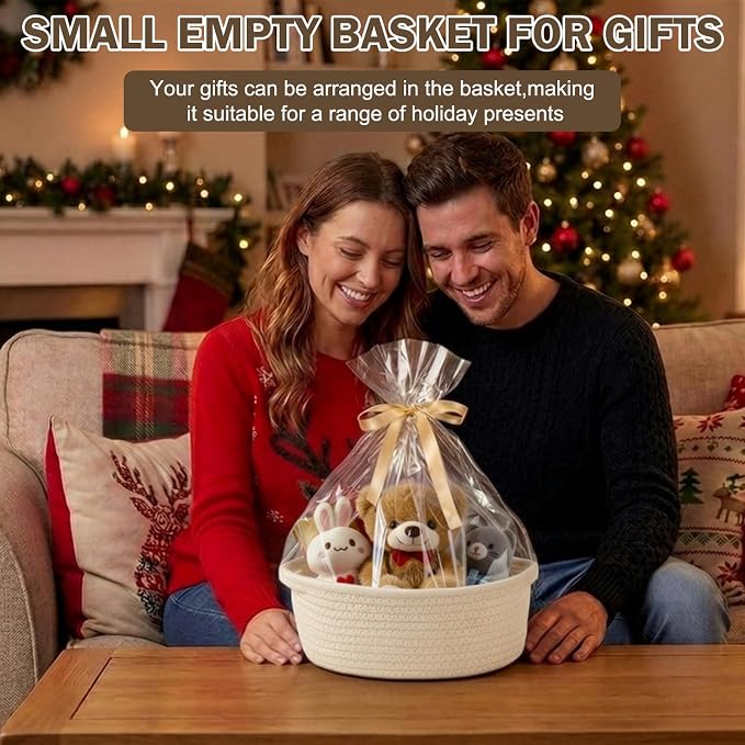 Basket for Gifts Empty, Small Woven Basket with Bags and Ribbons, Baby Toy Baskets with Handles, Wicker Storage Bin for Baby Showers or Pet Toy (Creamy White, 1 Pack (12"x 8"x 3.74"))