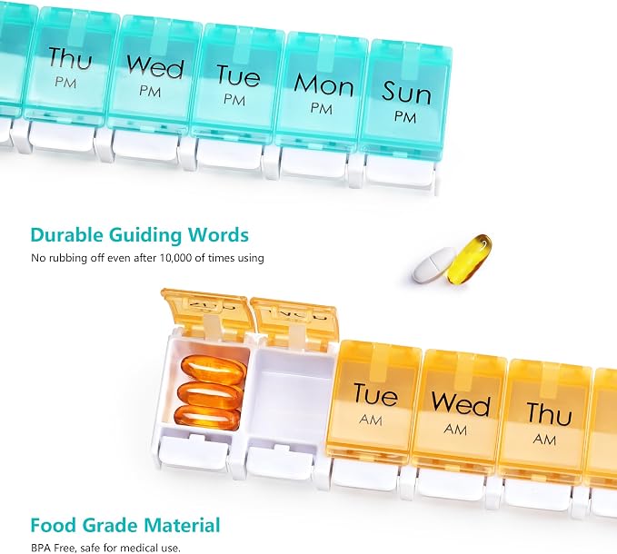 MOLN HYMY Weekly Pill Organizer, AM PM 2 Times a Day, 14 Compartments, Push Button Design, for Medication, Vitamins, Supplements