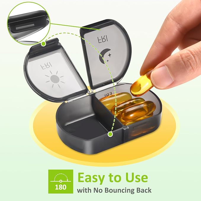 Fullicon Large Capacity Pill Organizer, Secure Pill Case with Durable Printing, Spill Proof Daily Pill Organizer, 7 Day Pill Box Organiser Travel Pill Organiser (Black) | Each Compartment Holds 6 Fish Oils or 10 Vitamins, One Finger Open Lid, Double Se...