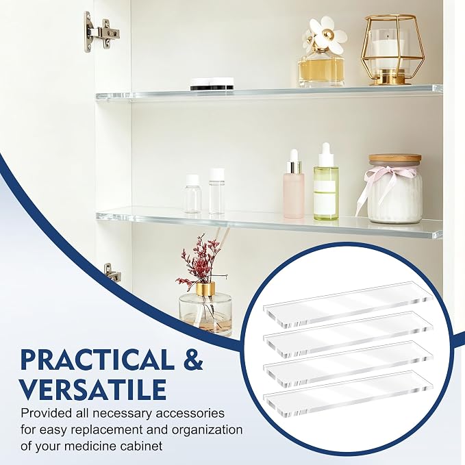 Catcan 4Pcs 13x3In Medicine Cabinet Shelf Replacement | Acrylic Medicine Shelves with Waterproof Labels Marker and Cleaning Cloth for Bathroom Kitchen Storage