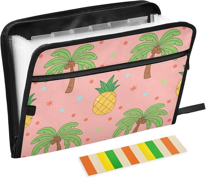 Tropical Pineapples Pink Expanding File Folder with Sticky Labels, 13 Pockets Accordion File Folder Document Organizer Expandable Zip File Folder with Zipper Closure