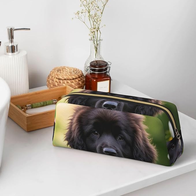 PU Leather Pencil Case Cosmetic Pencil Bags Makeup Pouch with Zipper | Cute Pet Newfoundland Dog Pen Pouch Portable Cosmetic Organizer Bag For Office Woman Man