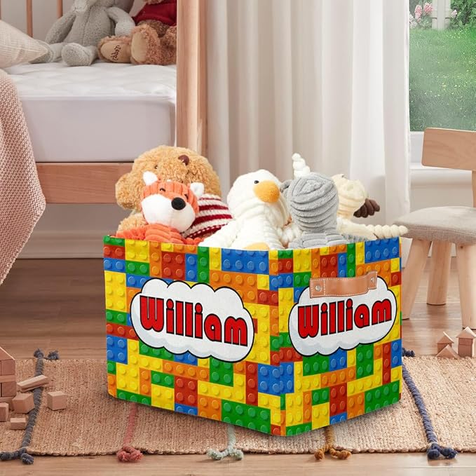 Personalized Rectangle Storage Basket with Handles, Custom Name Cube Organizer Bins for Shelves Collapsible Toys Storage Box Clothes Baskets for Nursery Home Kids Room(Colorful Building Blocks)