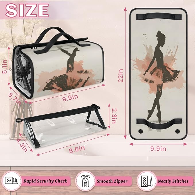 Dance Ballet Makeup Bag for Women Hanging Roll-Up Travel Organizer Toiletry Kit with 4 Removable Compartments, Ballerina