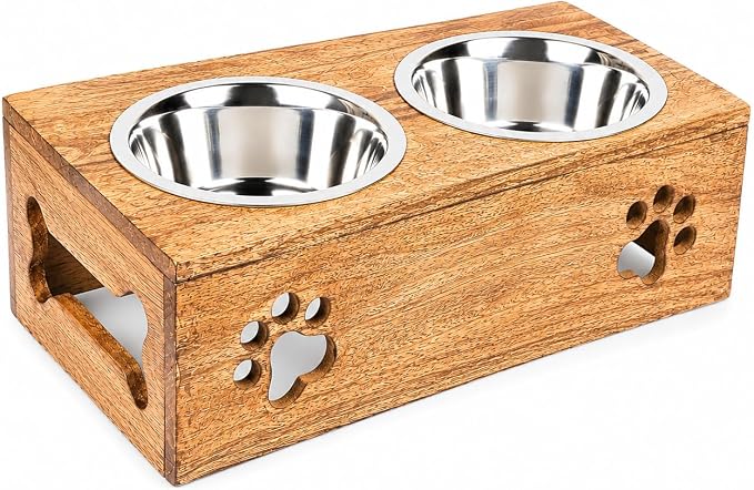 Wooden Dog Cat Pet Feeder Station Stand with 2 Stainless Steel Bowls | Raised Cat Bowl Dogs Bowl Elevated Cat Dog | Pet Dining Table for Cats and Puppy | 16 x 8.5 x 5 Inches