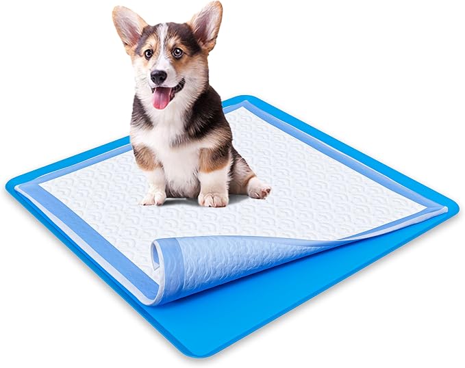 Dog Pee Pad Holder - Fits Up to 24” x 24” Pee Pad - 1 Pack - Dark Blue | Stable Grip, Raised Edges, Quick-Wipe Silicone Surface Dog Potty Tray Holder for Indoor Flooring Protection